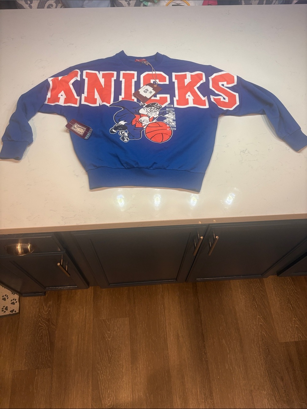 Mitchell & Ness Royal Blue Knicks Crewneck with Orange and White Graphics
